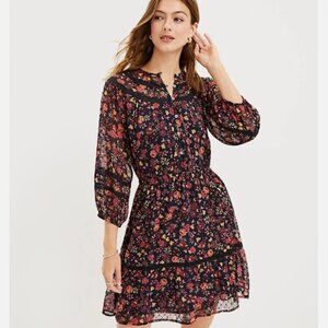 LOFT Floral Long Sleeve Dress - Black and Red